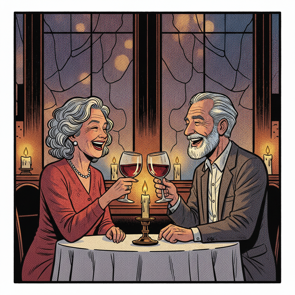 An older couple clinking glasses at a candlelit dinner, comic-ink style