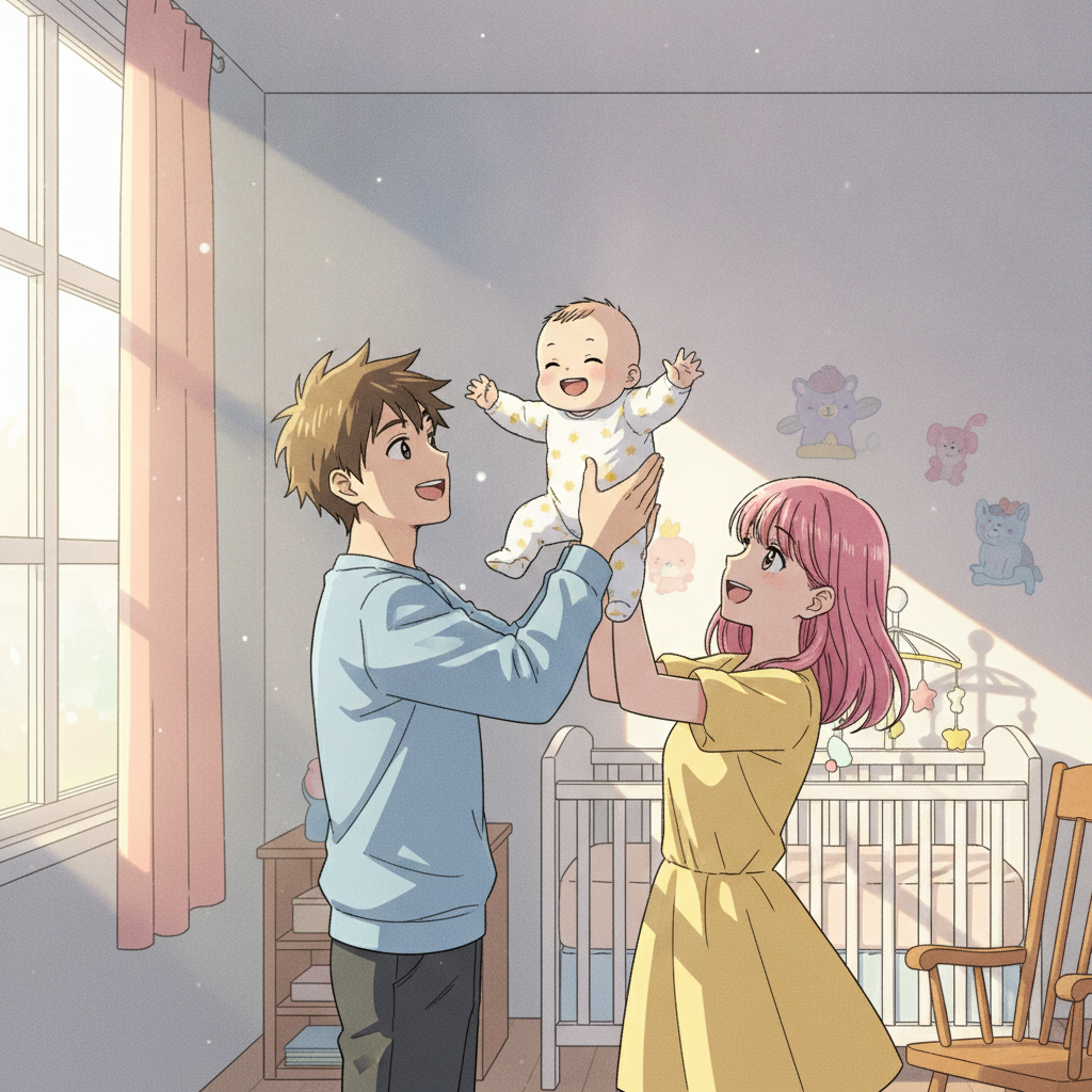 New parents lifting their baby, anime style