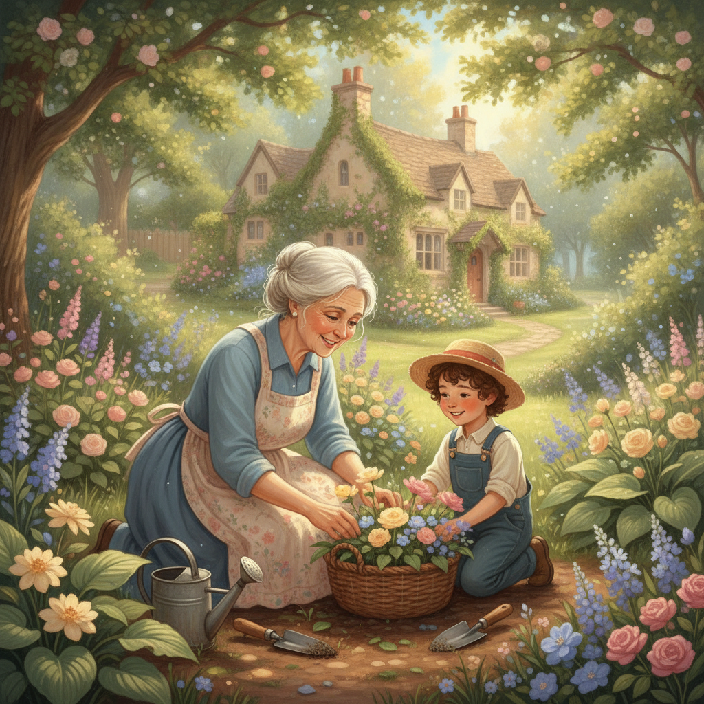 A grandmother and grandchild planting flowers, soft storybook style