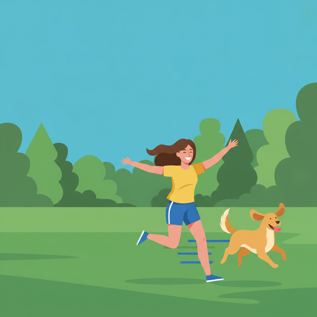 A woman running with her dog, flat modern style